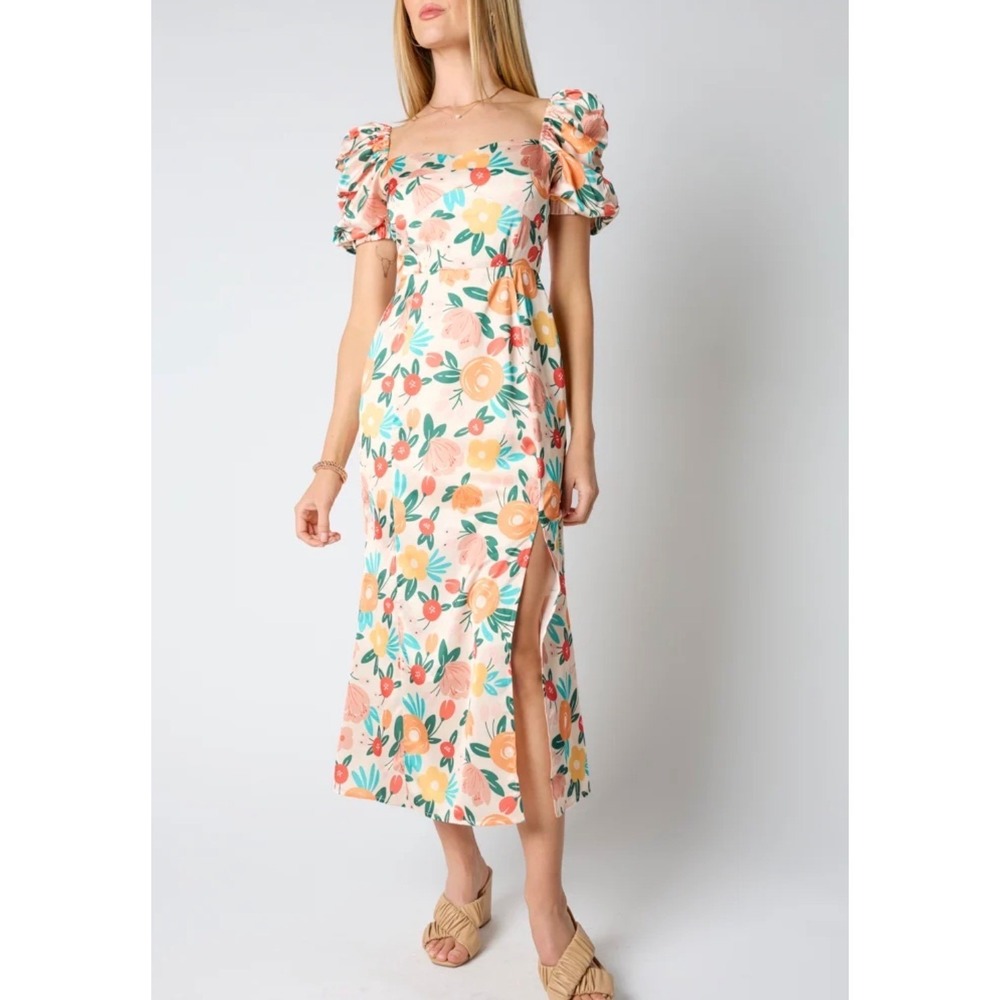 Vestique Spring Melody Floral Coquette Girl Midi Dress Orange Puff Sleeve Size S